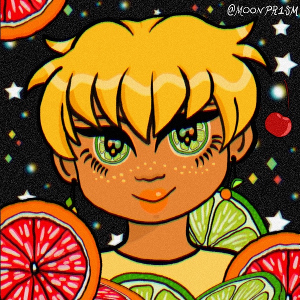 a girl surrounded by various citrus fruit with limes for eyes