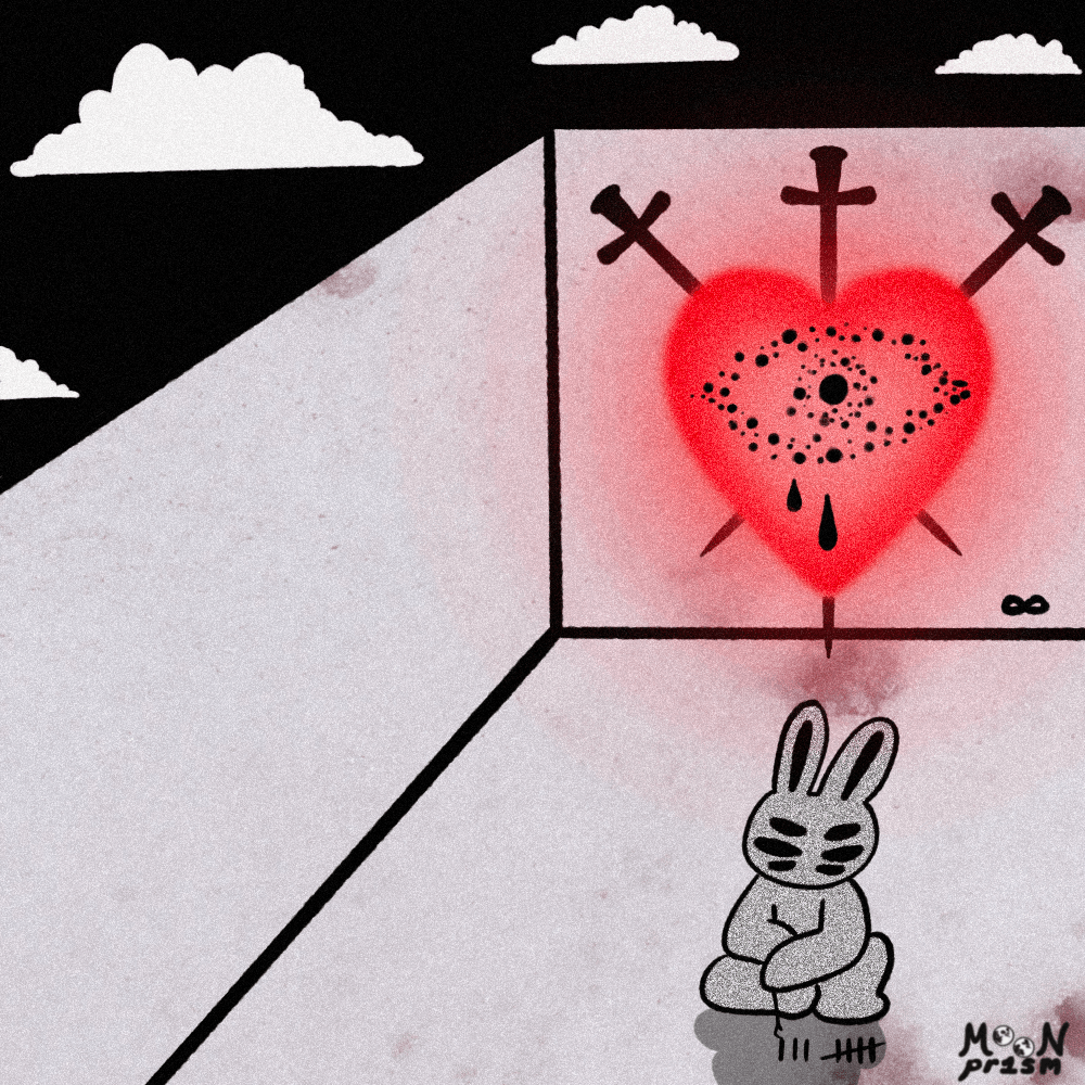 a pensive bunny in a gray room with a 3 of Swords symbol glowing behind them