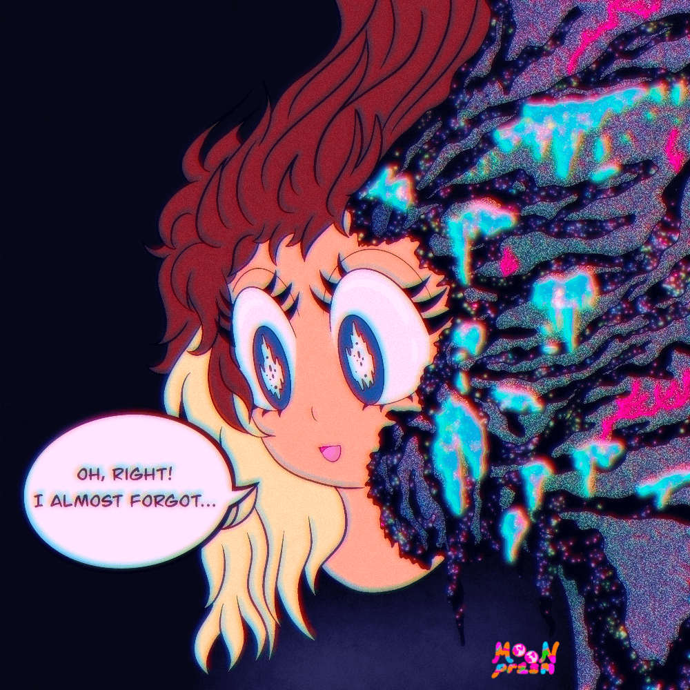 a girl has half of herself melting away into glittering black branches and static, pink and blue gel, a dazed expression - she says 'oh right! i almost forgot'