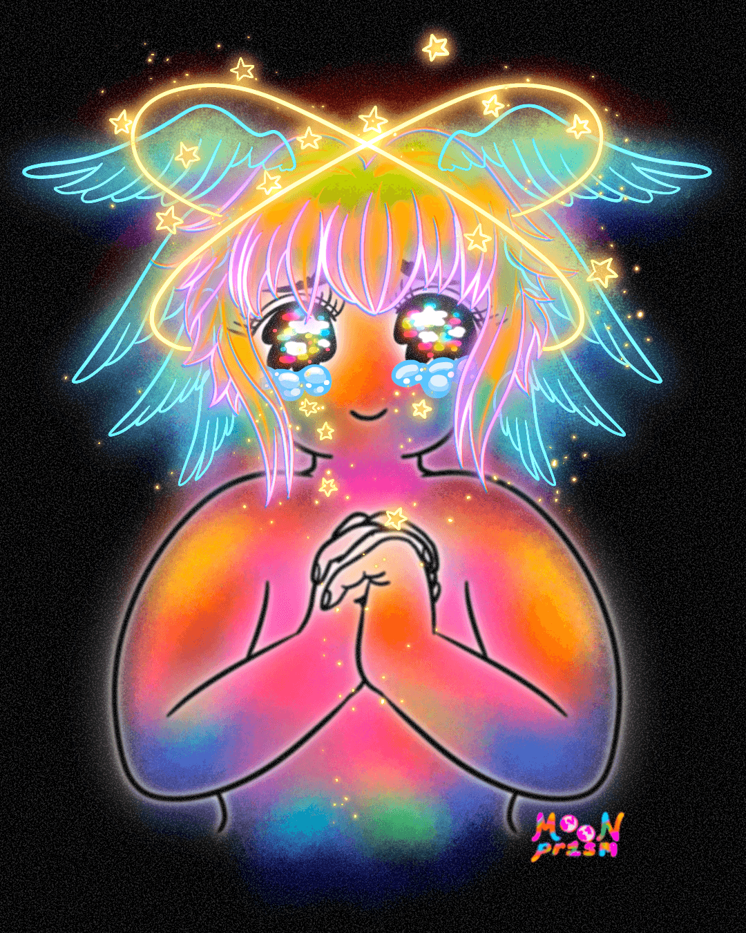 glowing angel of light with many wings and stars