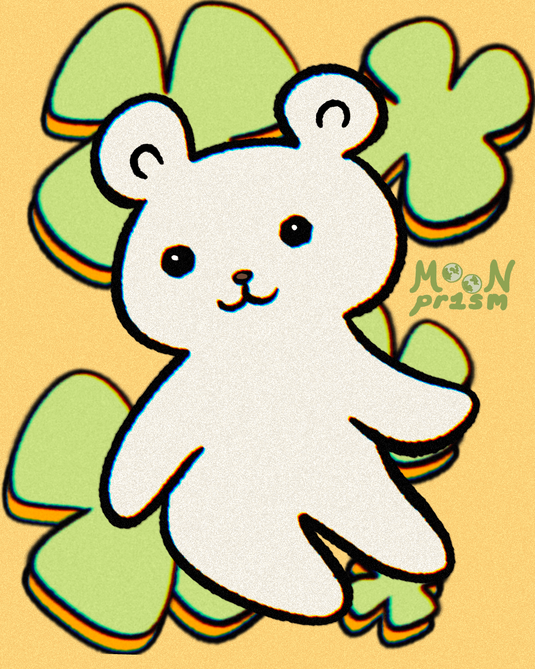 binky the polar teddy bear smiles against a background of big clovers