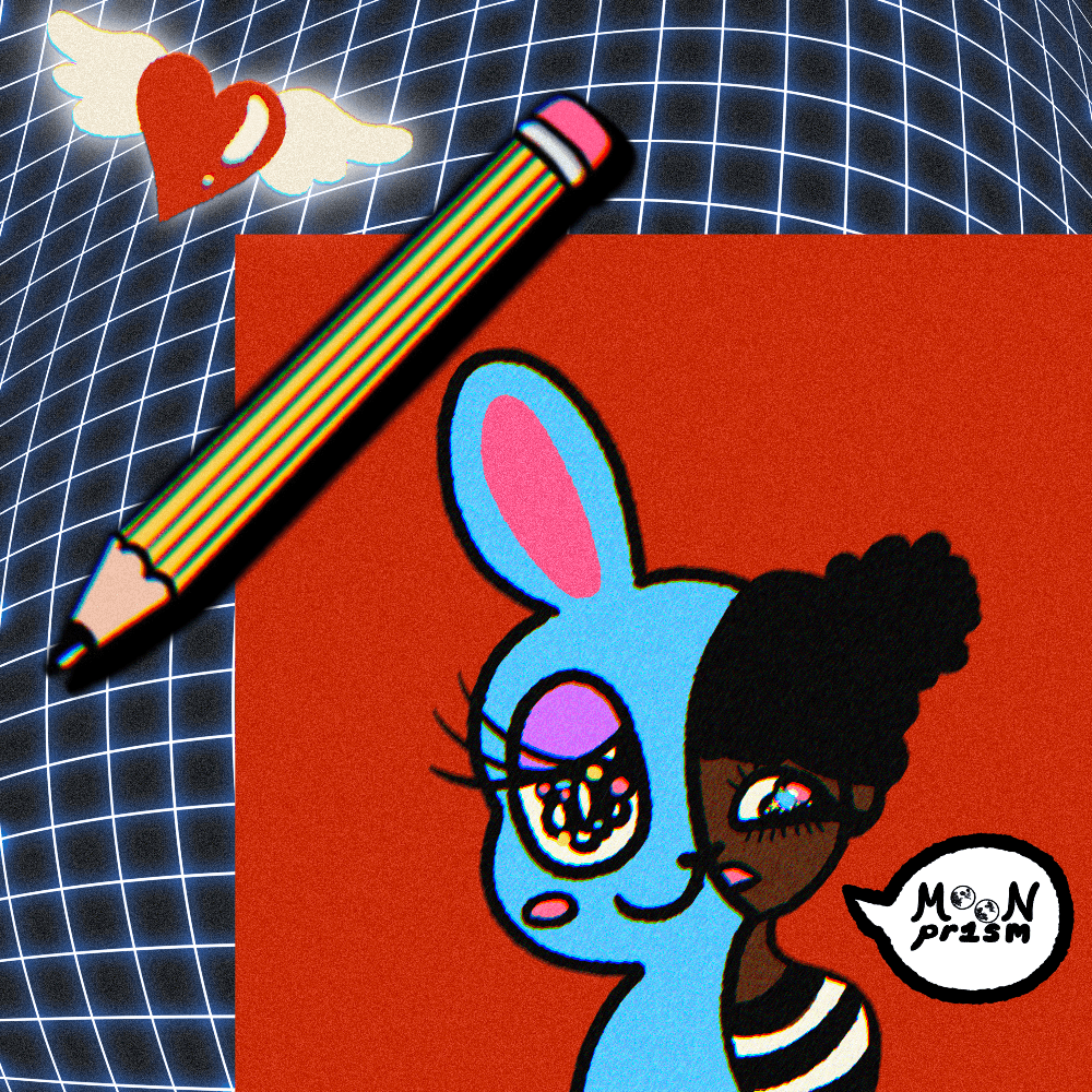 half girl half bunny on a warped grid background, a pencil and a heart float above