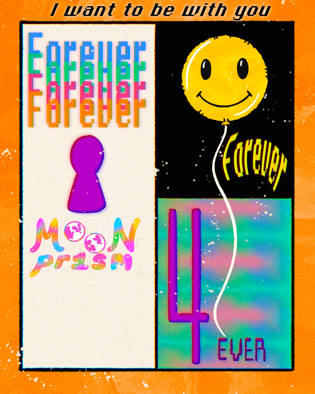 a happy face balloon and the word 'forever' all around, a keyhole, some colorful backgrounds