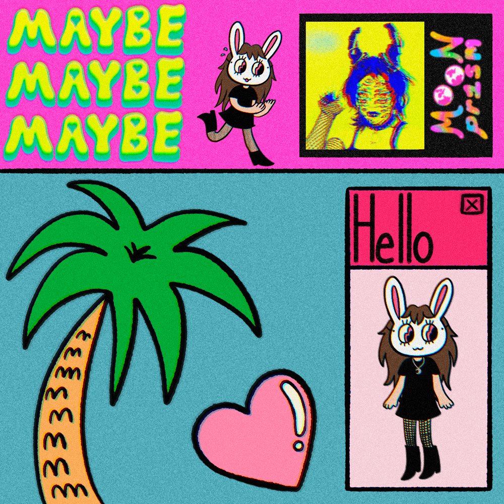 a palm tree, a heart, a girl with a bunny mask, words like 'maybe' andd 'hello'