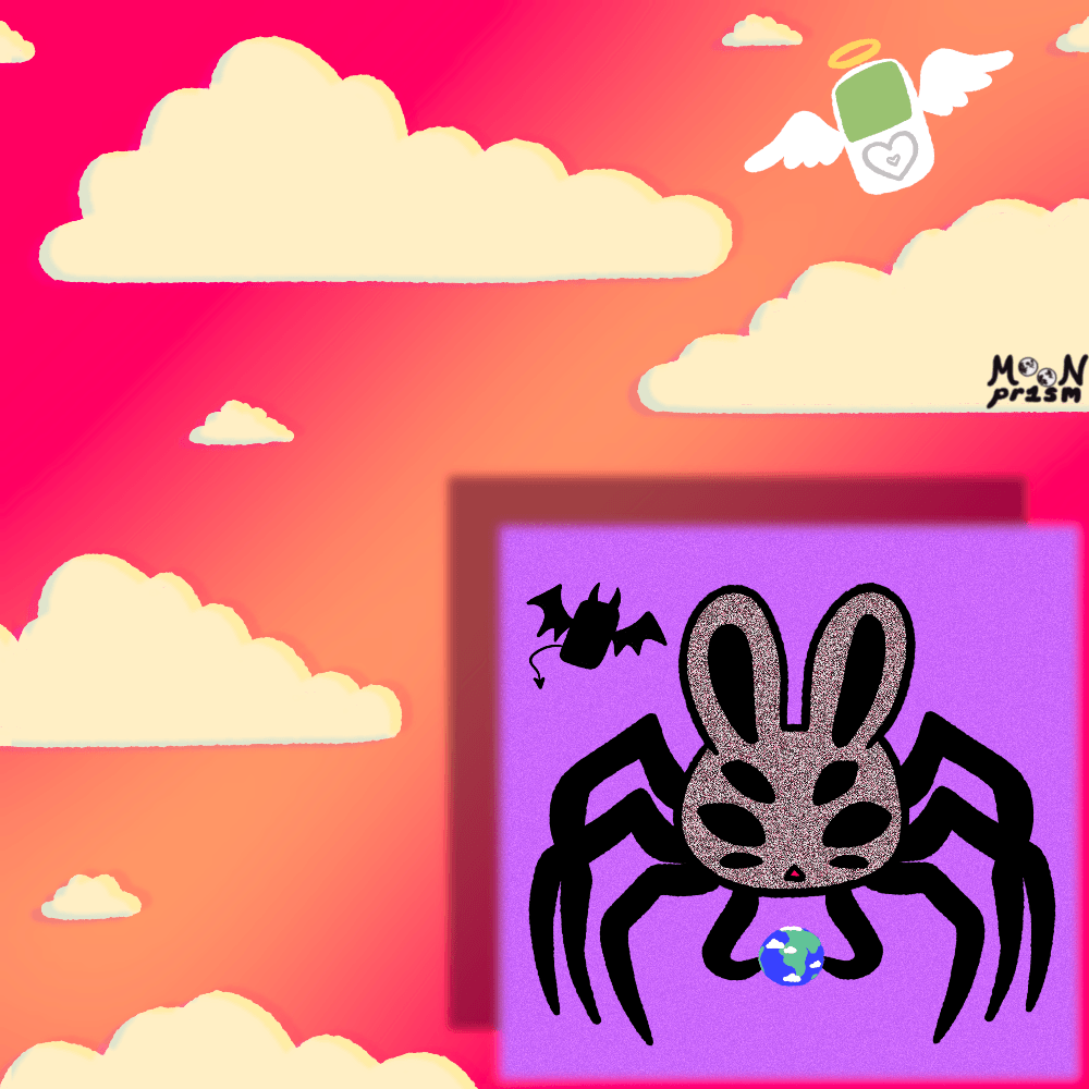 against a sunset and clouds background, an ipod angel flies around...inside a purple box, a smartphone devil floats above a spiderbunny holding the world in its hands