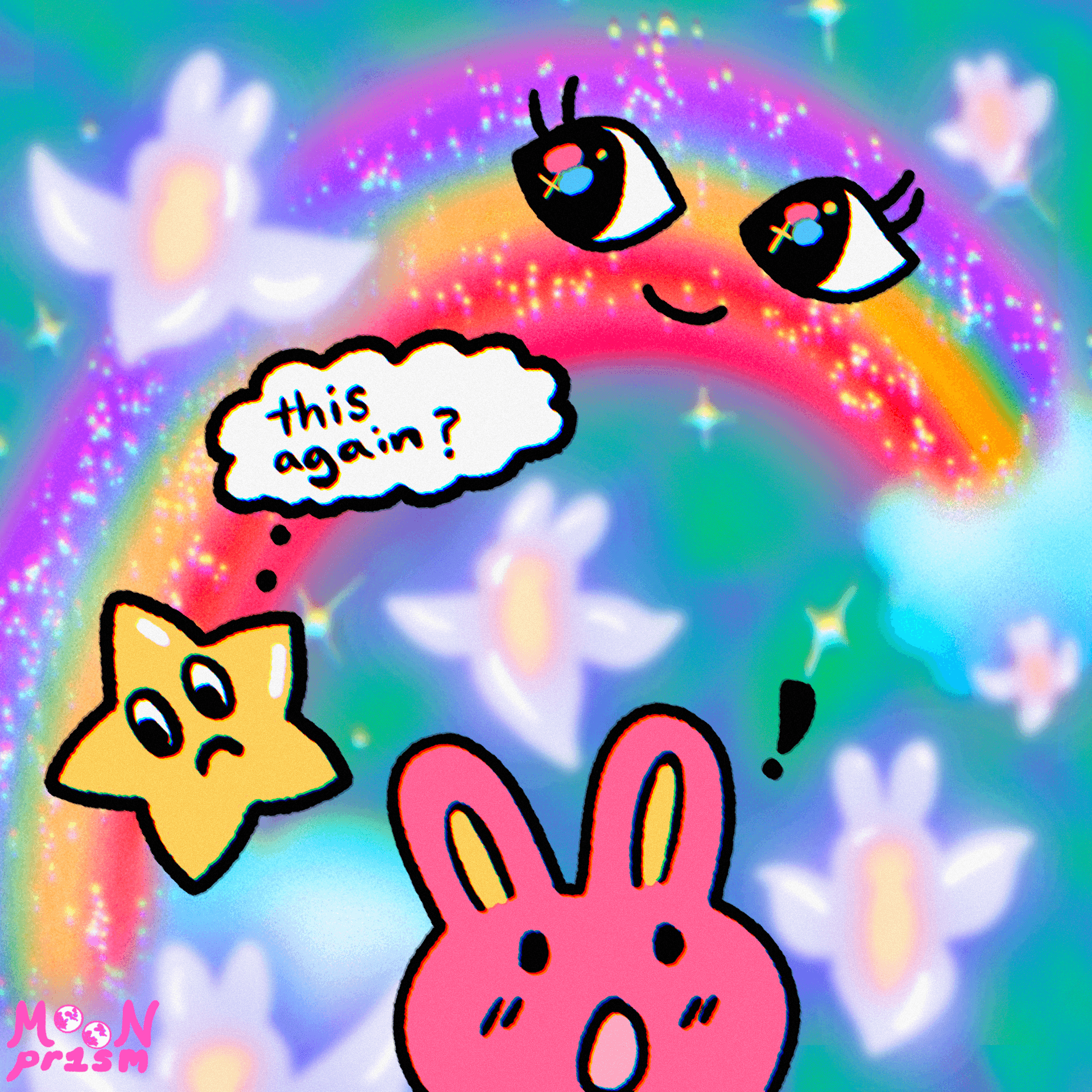 with a sparkling rainbow and rabbit shaped sea butterflies, an unimpressed star says 'this again?'