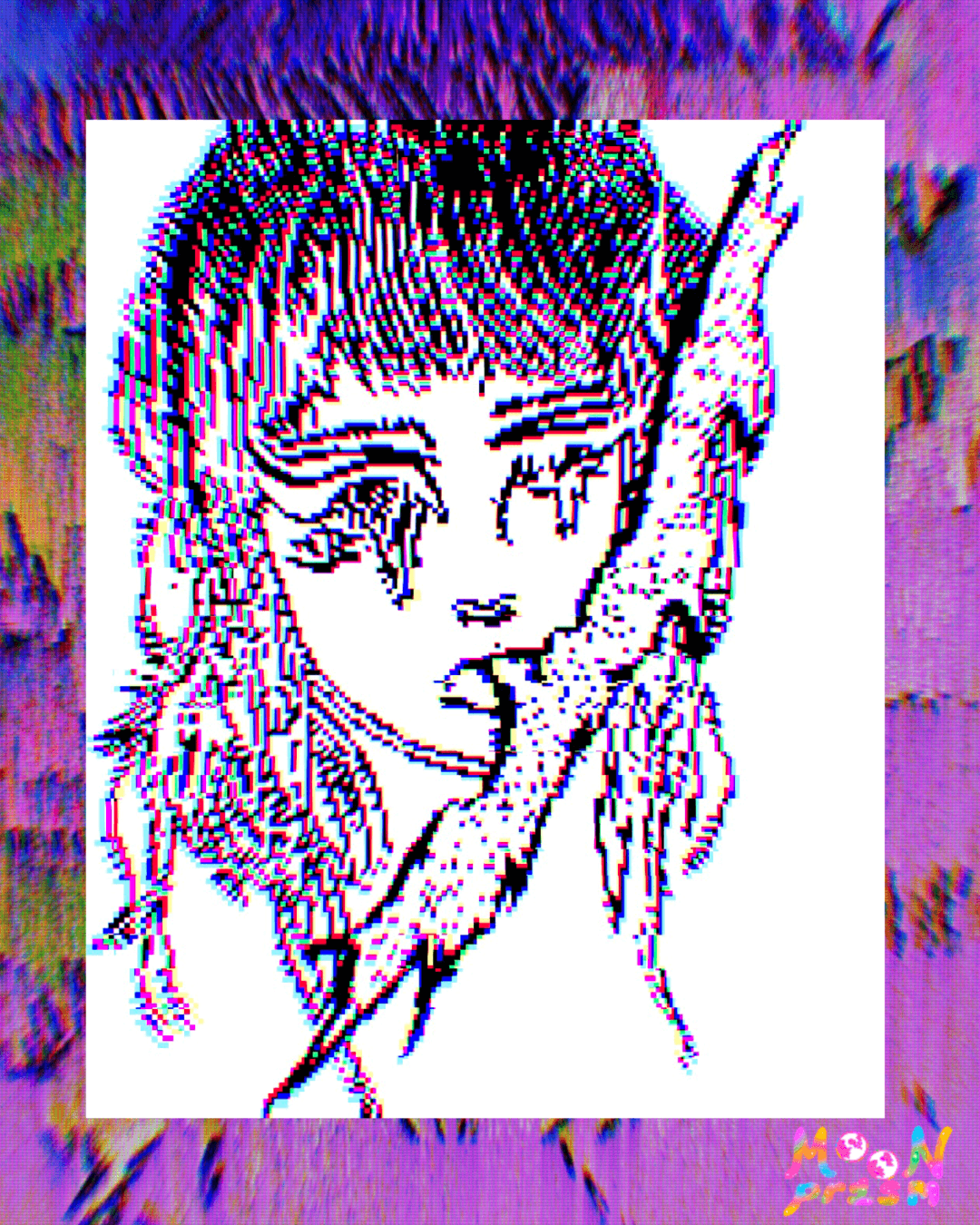 a glitchy self portrait with the theme of ocular migraines