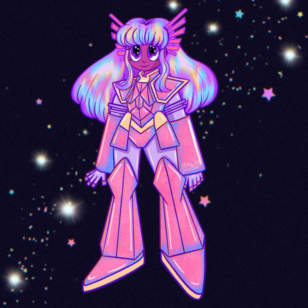 a mech suit warrior with a starry background