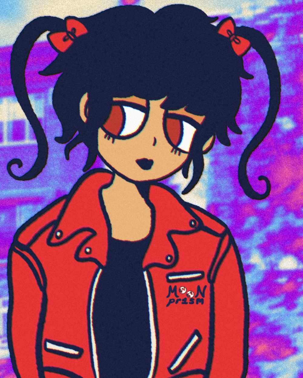 a character wearing a motorcycle jacket looking lost in thought