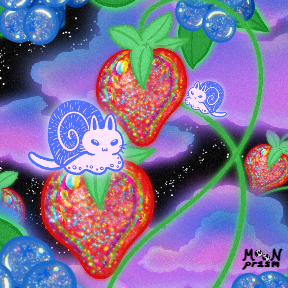 a bunch of snail-cats on glittery berries