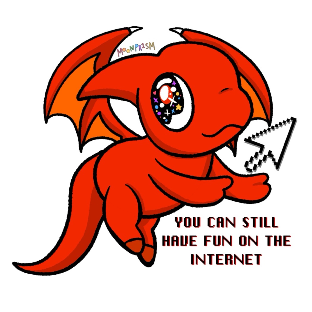 a Neopets Shoyru holding a cursor with the words 'you can still have fun on the internet'