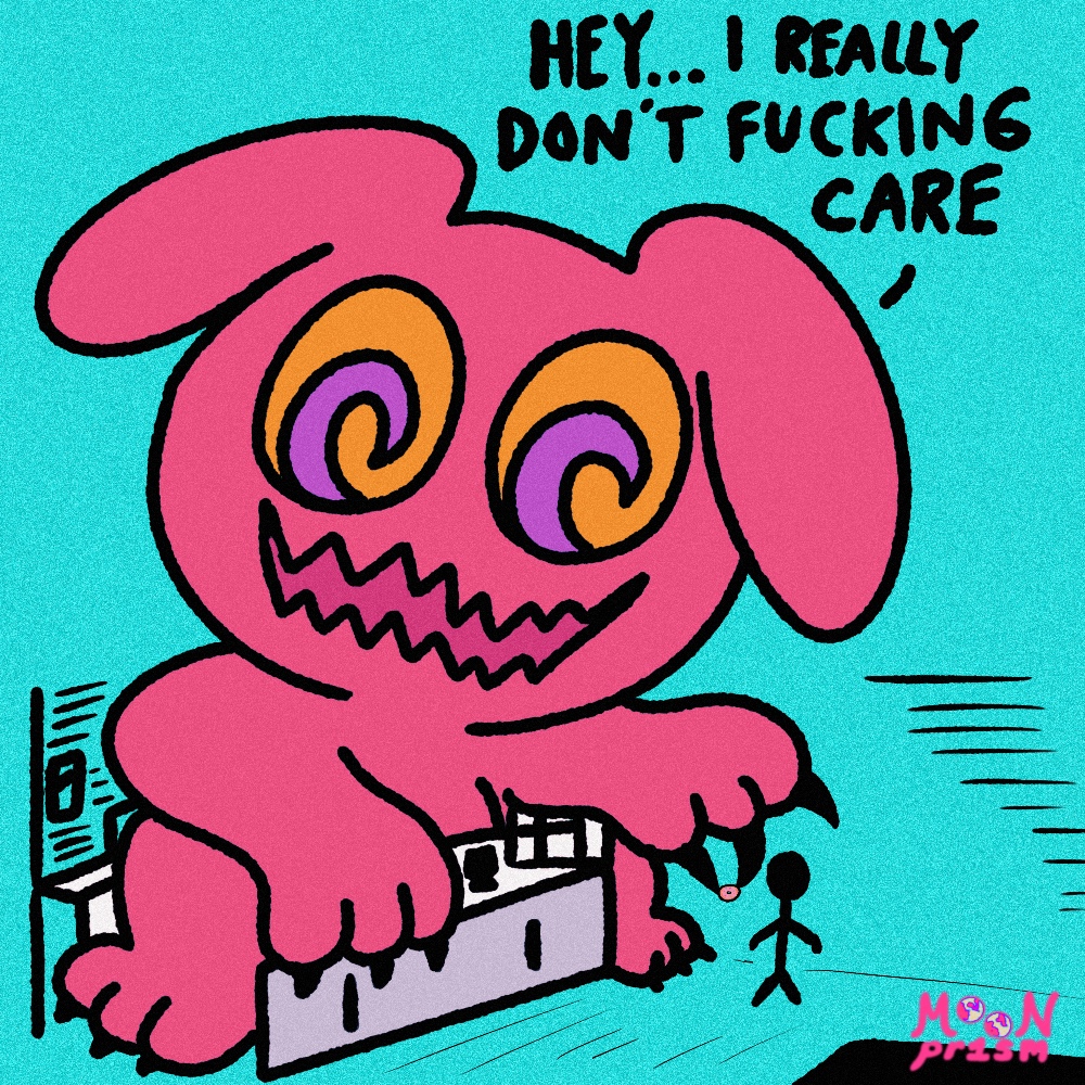 a big rabbit monster working behind a counter with the words 'hey i really don't fucking care'