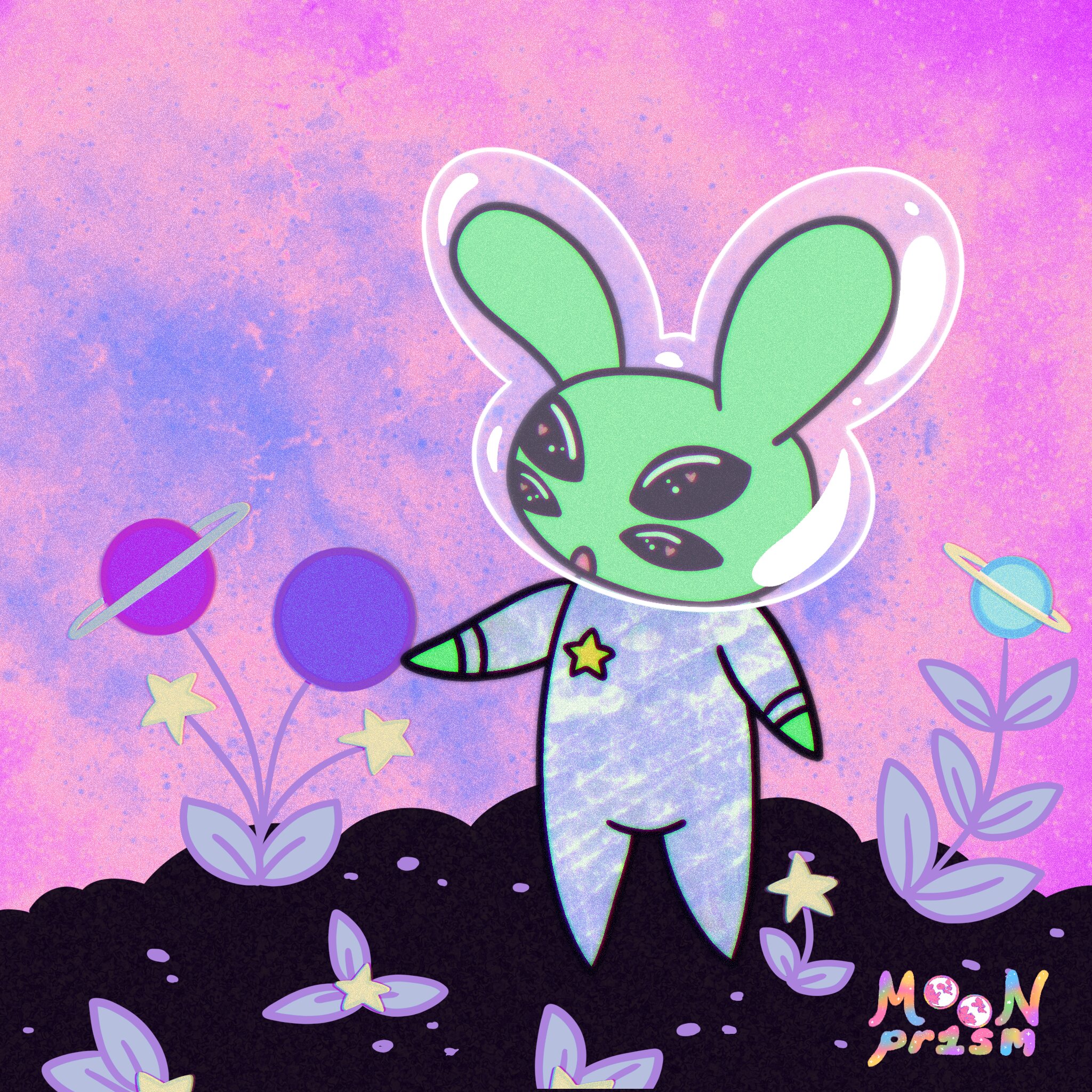alien bunny observing some strange plants that look like flowers crossed with planets