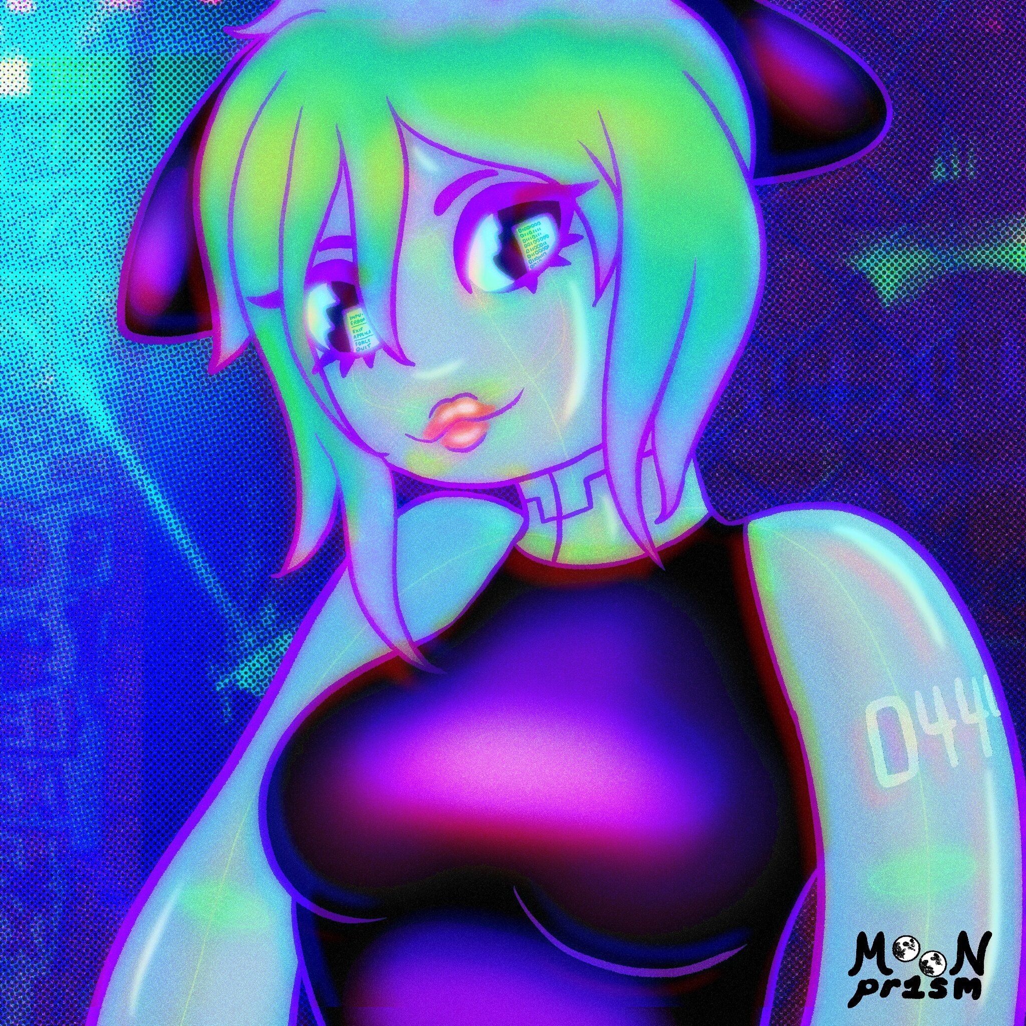 an android with translucent body and glowing green hair