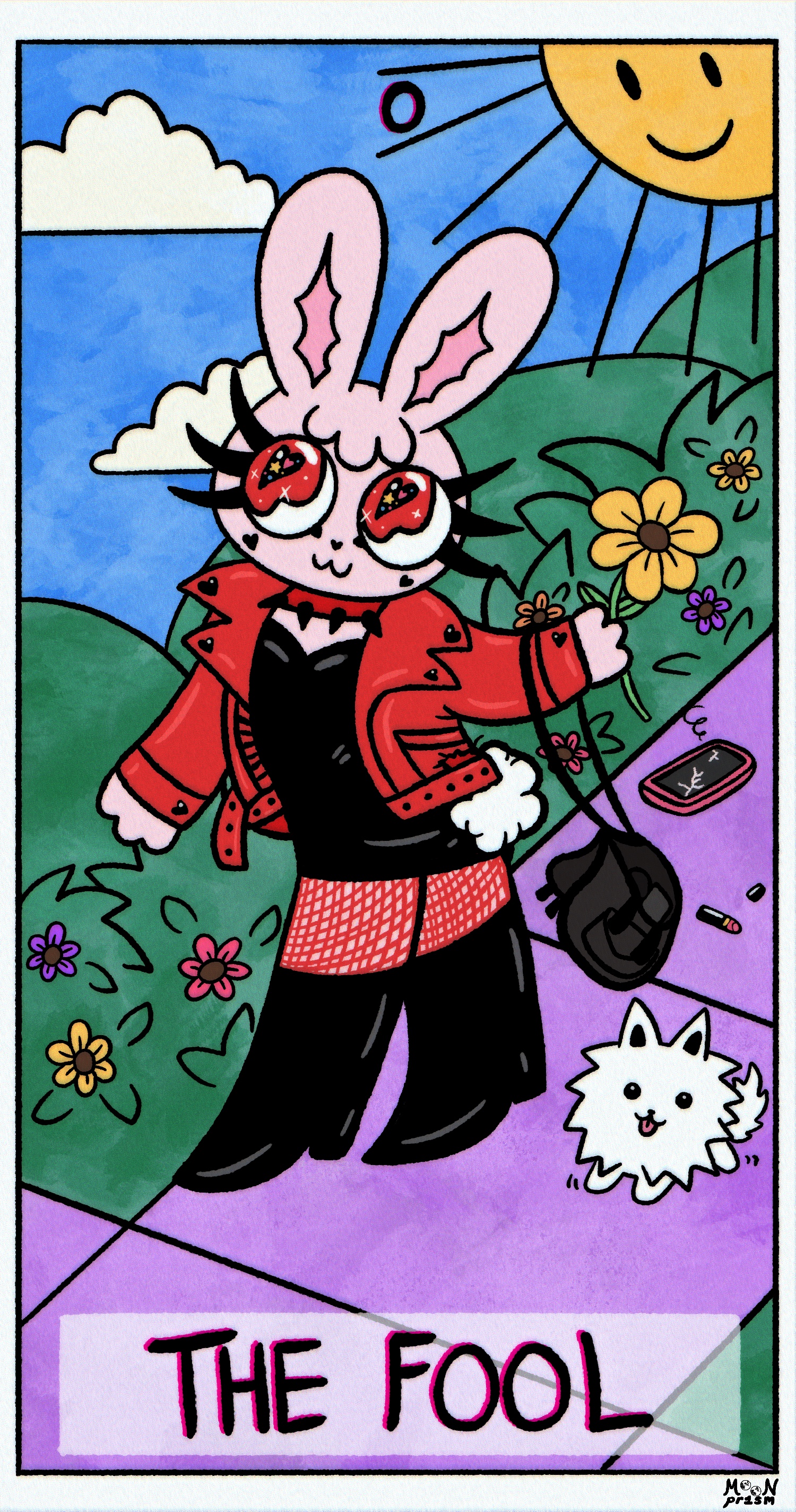 a pink rabbit carelessly losing things from her purse while a little dog follows her, meant to be a representation of The Fool tarot card.