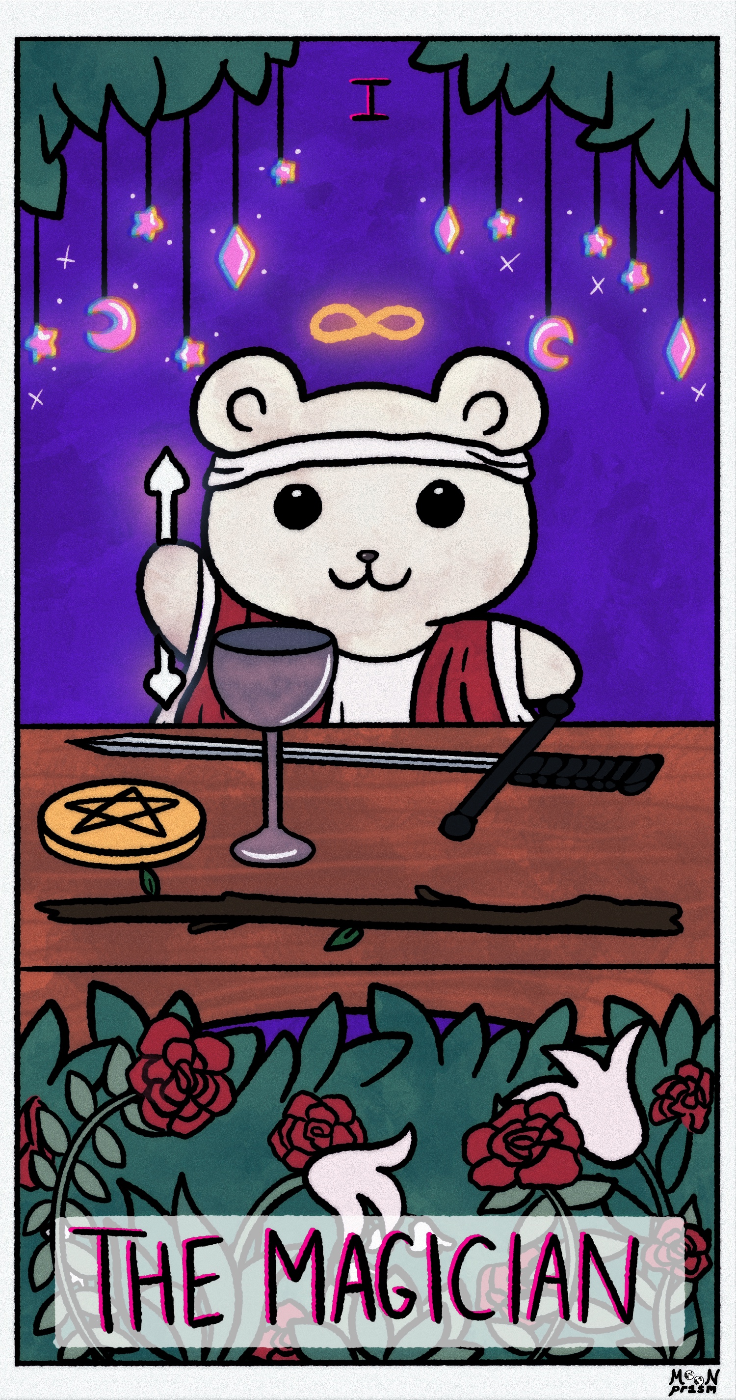 A little white bear in ceremonial robes doing a ritual with a sword, wand, cup and pentacle, meant to be a representation of The Magician tarot card.