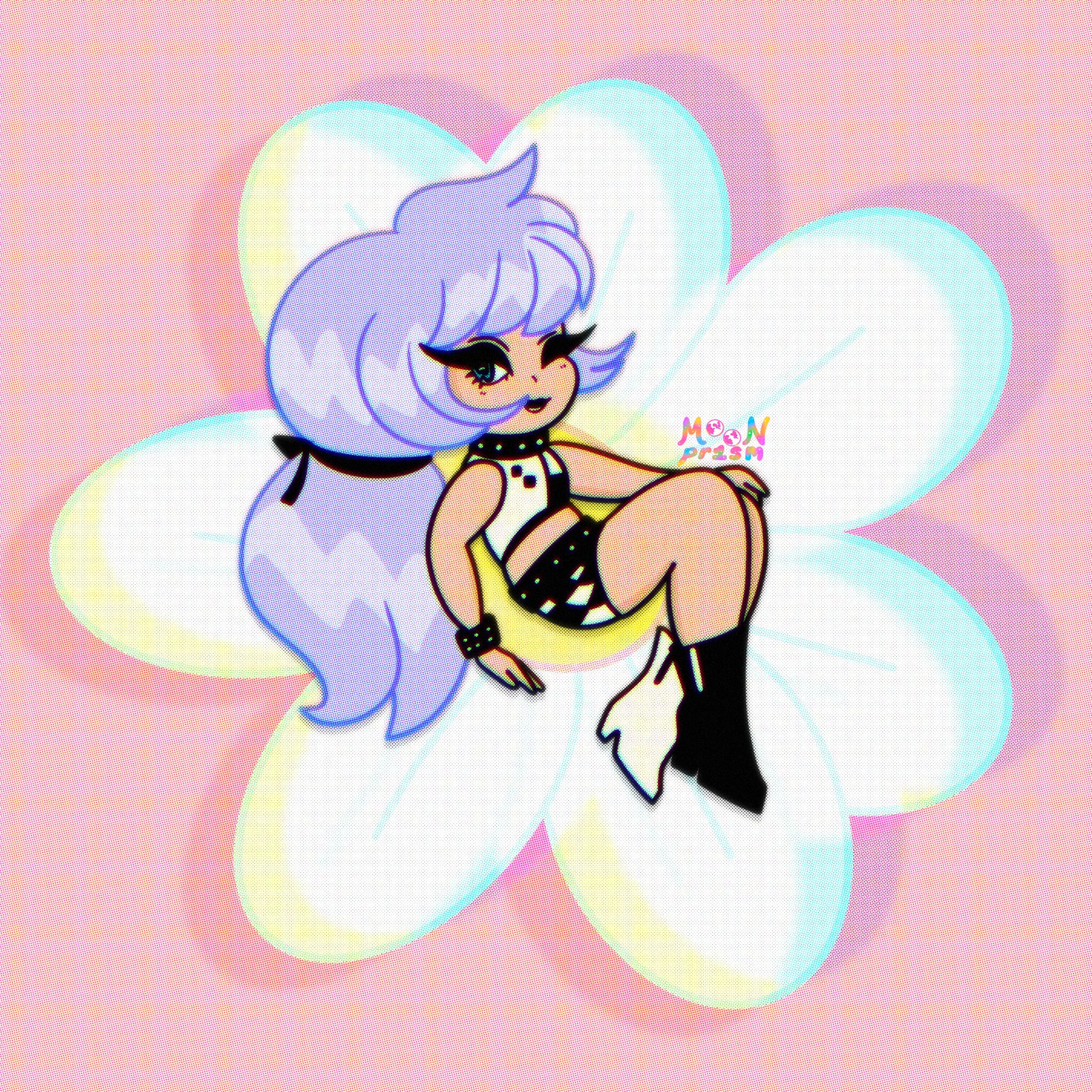 a mod/punk girl with floofy purple hair sitting on a flower