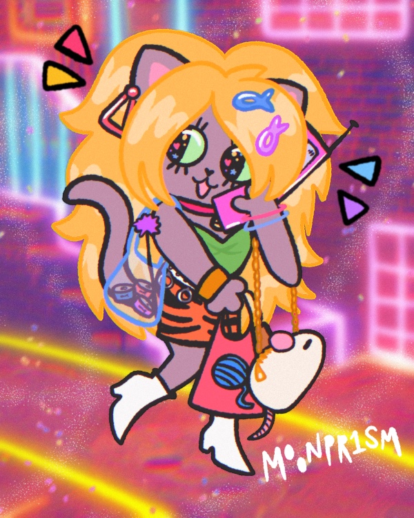 a cat girl chatting on her cell phone. She's carrying a lot of shopping bags and has a purse shaped like a mouse toy. She has a very colorful, 80's inspired fashion sense.