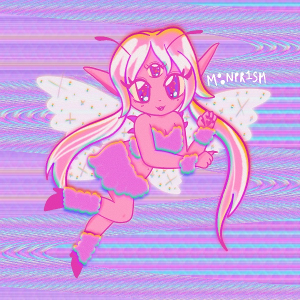 a pink fairy with 3 eyes and a fluffy outfit.
