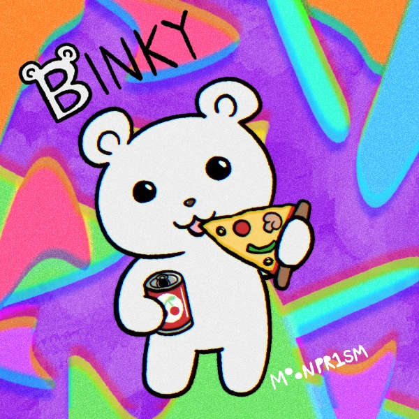 Binky the polar teddy bear eats pizza and drinks cherry soda