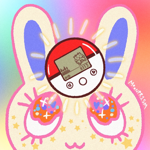 a bunny looks fondly upon a poke walker ft. togepi