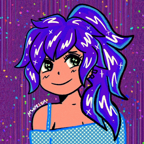 a person with a fluffy high ponytail, blue hair with purple tones. They are wearing a check patterned shirt with straps and have a bashful expression.
