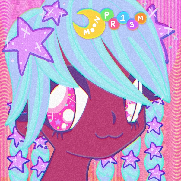 close-up of a person with large, sparkly pink eyes, light blue hair in many braids and purple star pins all over.
