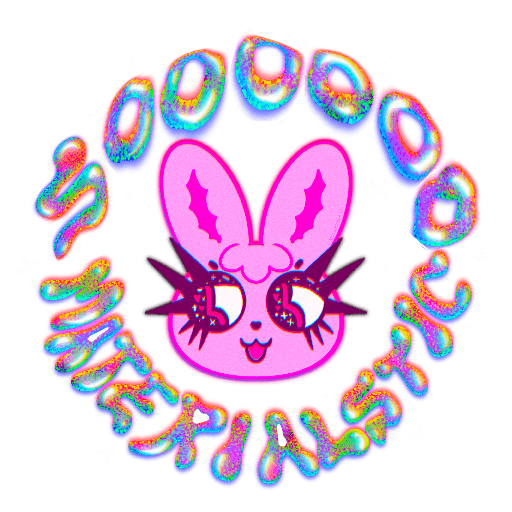 a pink bunny with dramatic eye makeup and the phrase 'soooooo materialistic' surrounding them.
