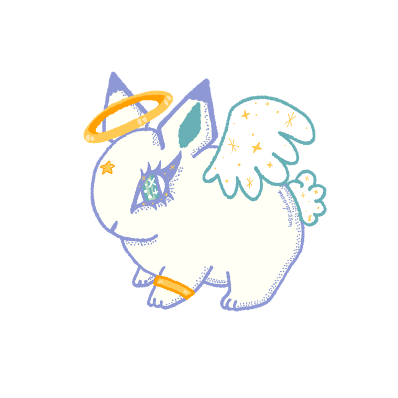 a small rabbit with a halo, angel wings and a gold bracelet. There's stars and glitter in their wings and on their fluffy tail.