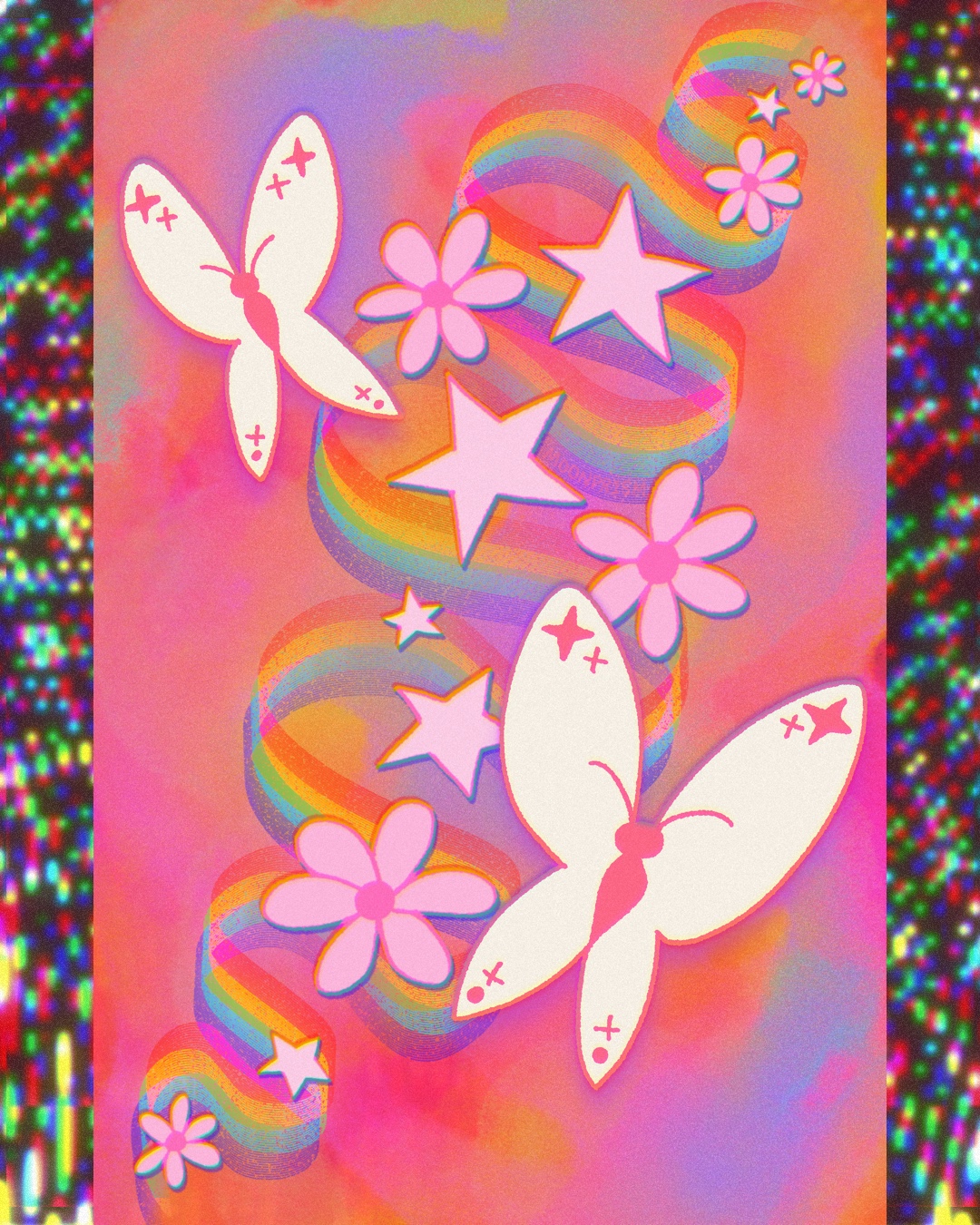 flowers, stars and butterflies with a rainbow ribbon behind them on a colorful background.
