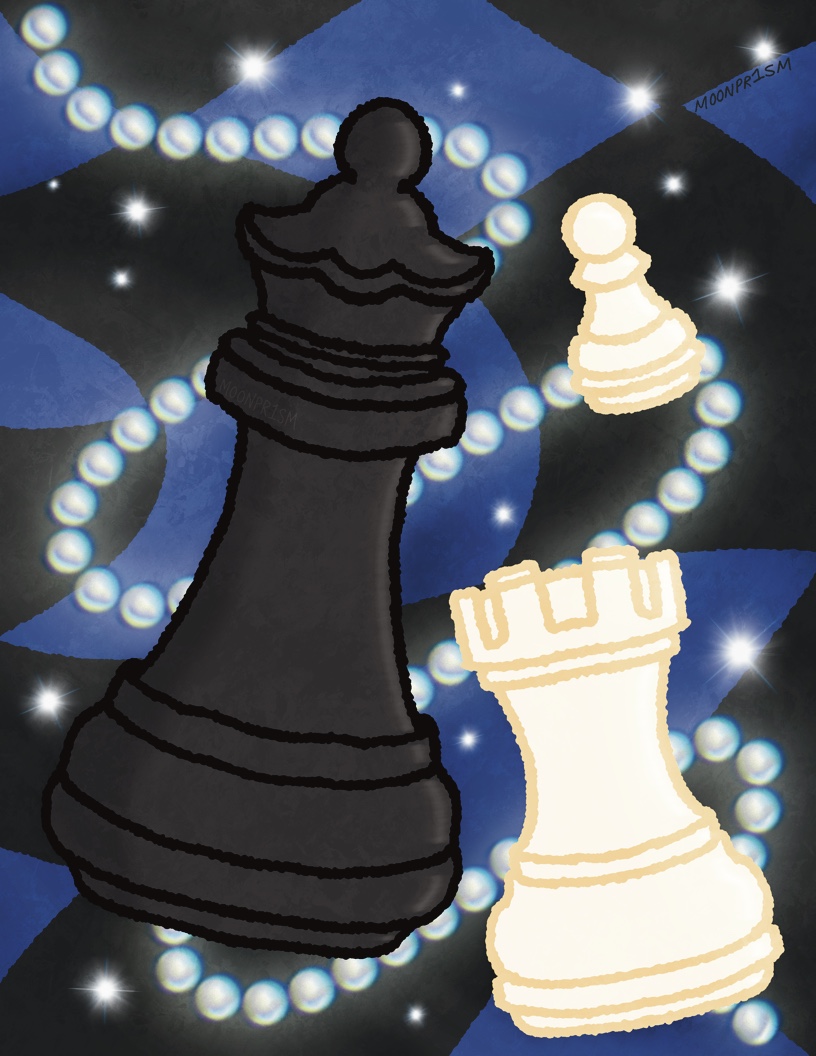 chess pieces and pearls on a checkered background