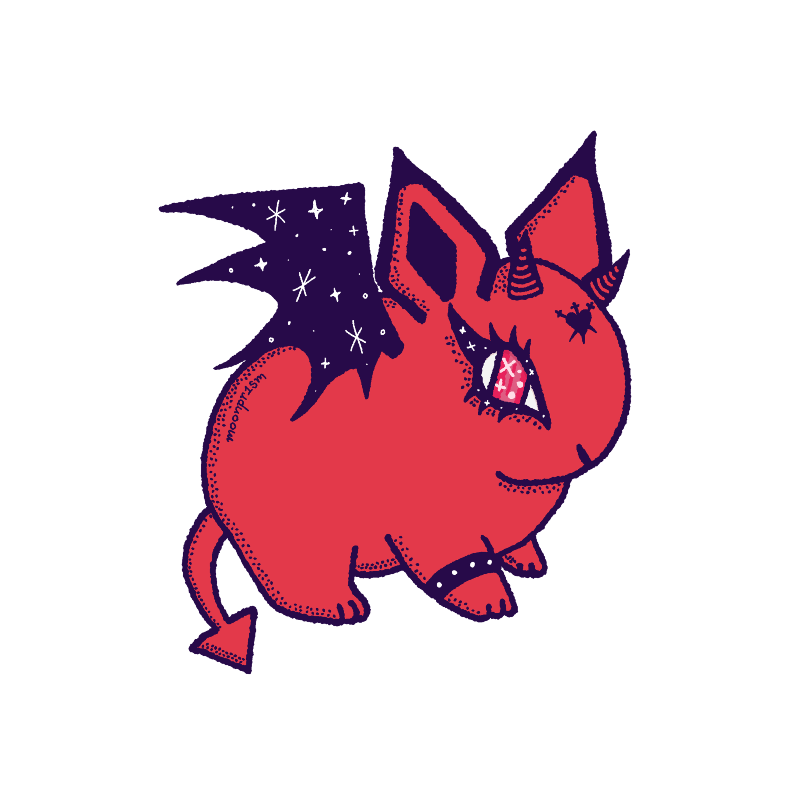 a small rabbit with devil horns and tail, and bat wings. It's wearing a studded bracelet and has stars and glitter in their wings.