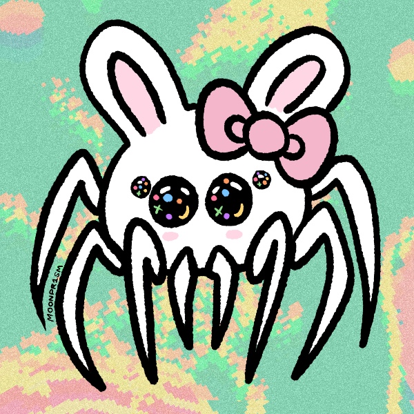a little spider bunny with a pink bow on her head, paying tribute to hello kitty