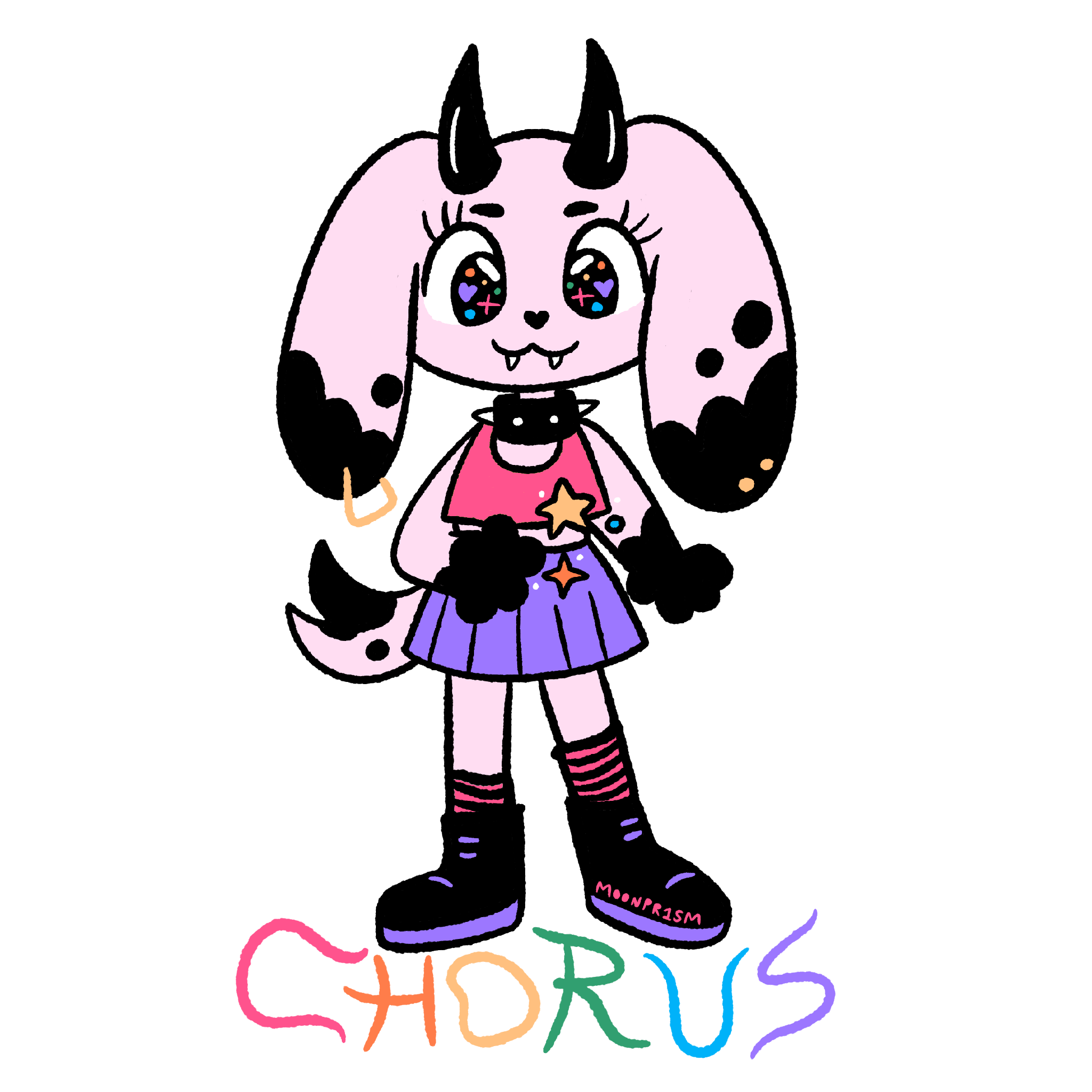 A pink and black dog-woman dressed in a colorful punk rock style, she has rainbow sparkles coming out of her paw and a happy expression.