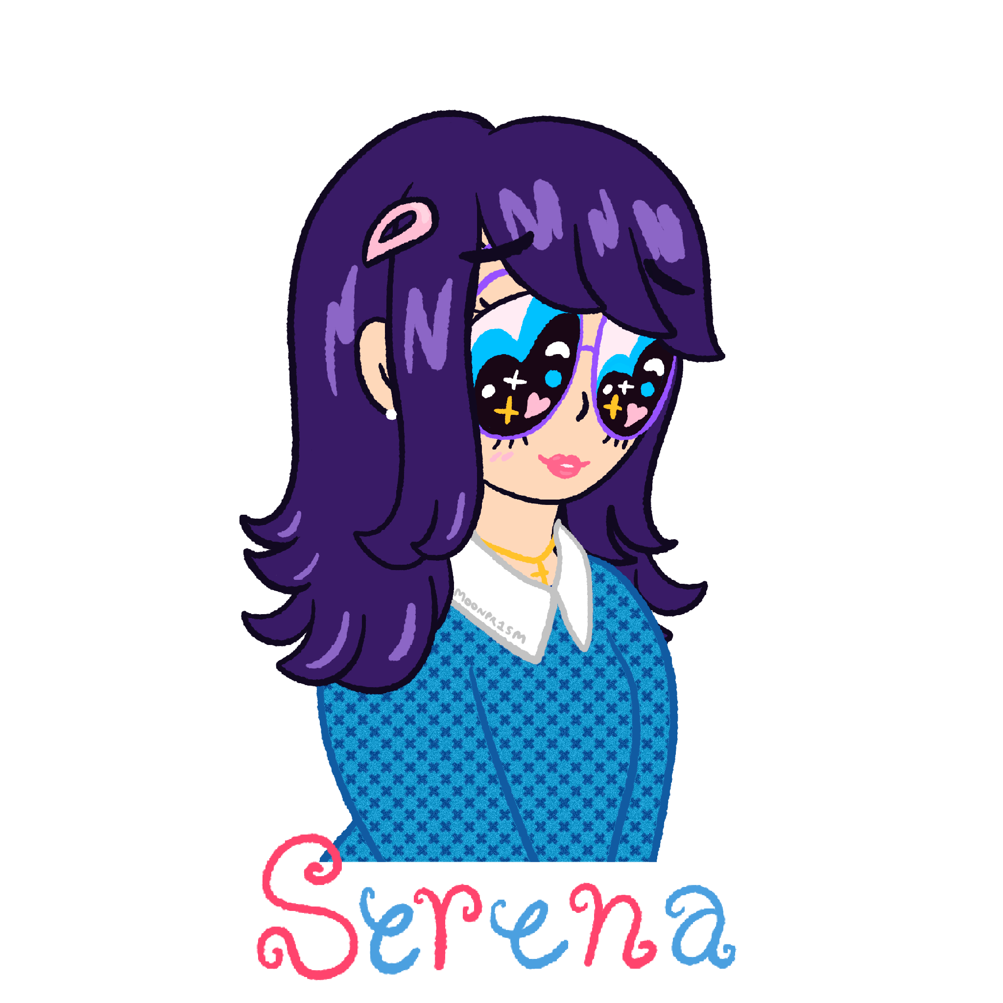 A young woman with dark shoulder-length hair, purple round glasses and a blue flower-patterned sweater with a happy but shy expression.