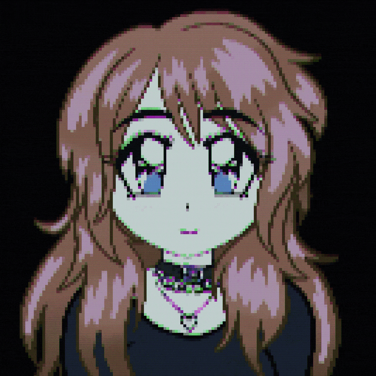 a girl with big anime eyes and shaggy long hair. she looks friendly.