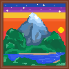 a framed pixel painting of a sunset over a mountain and lake