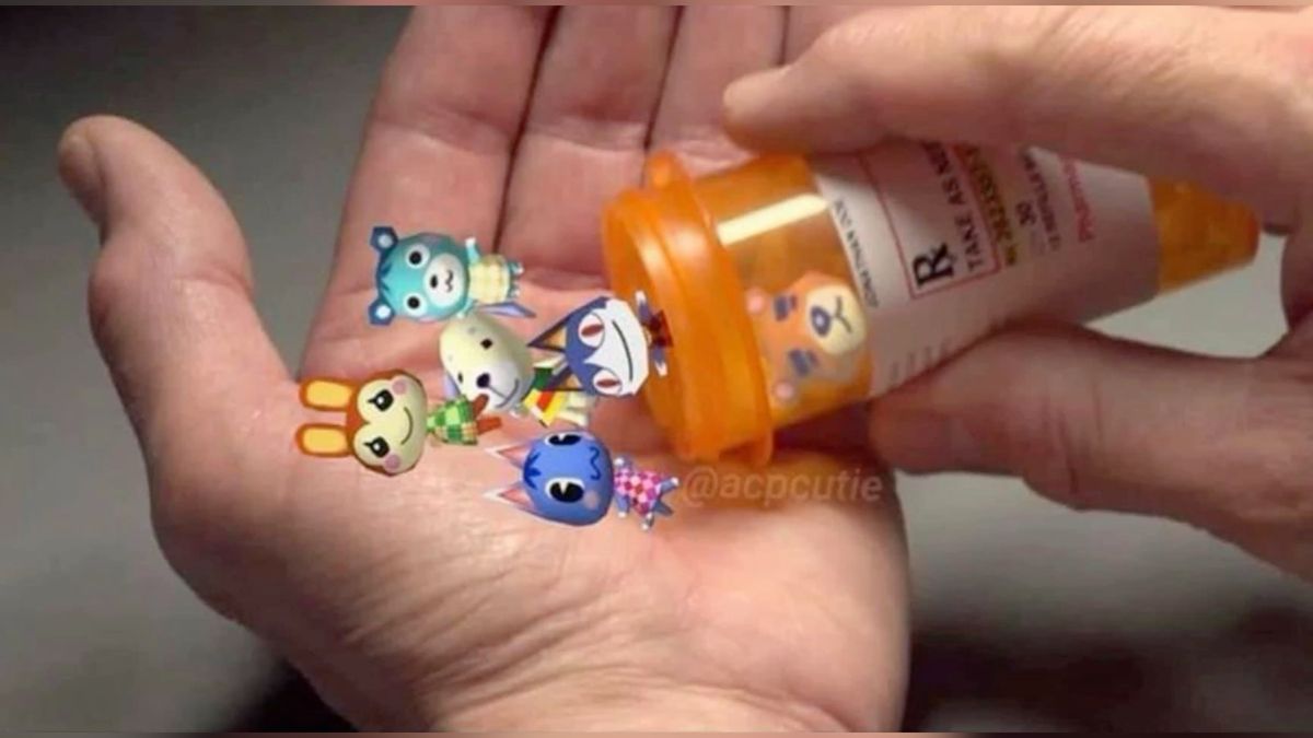 a bottle of prescription meds where the medicine is just little animal crossing characters