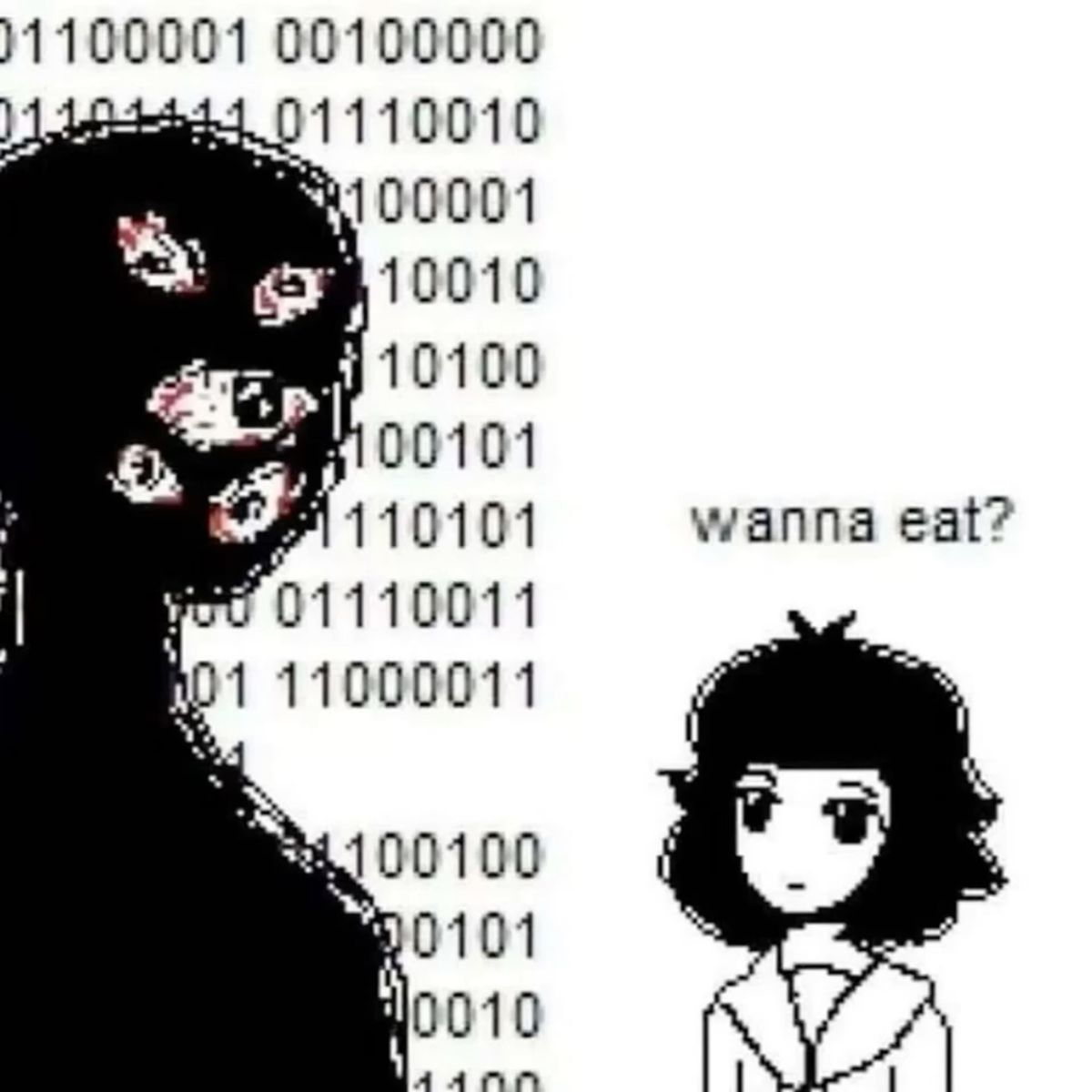 a girl nonchalantly asking a monster 'wanna eat?'