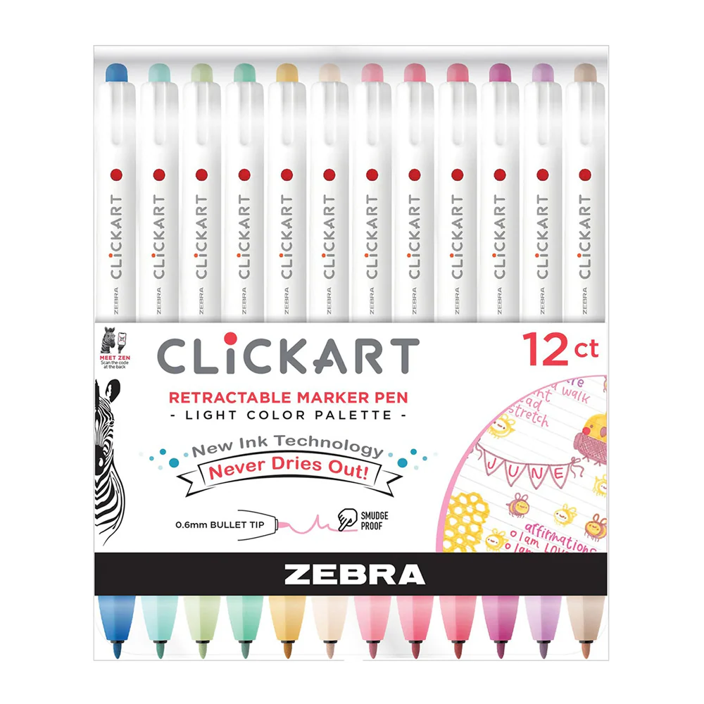 a package of Zebra brand clickart markers in various colors